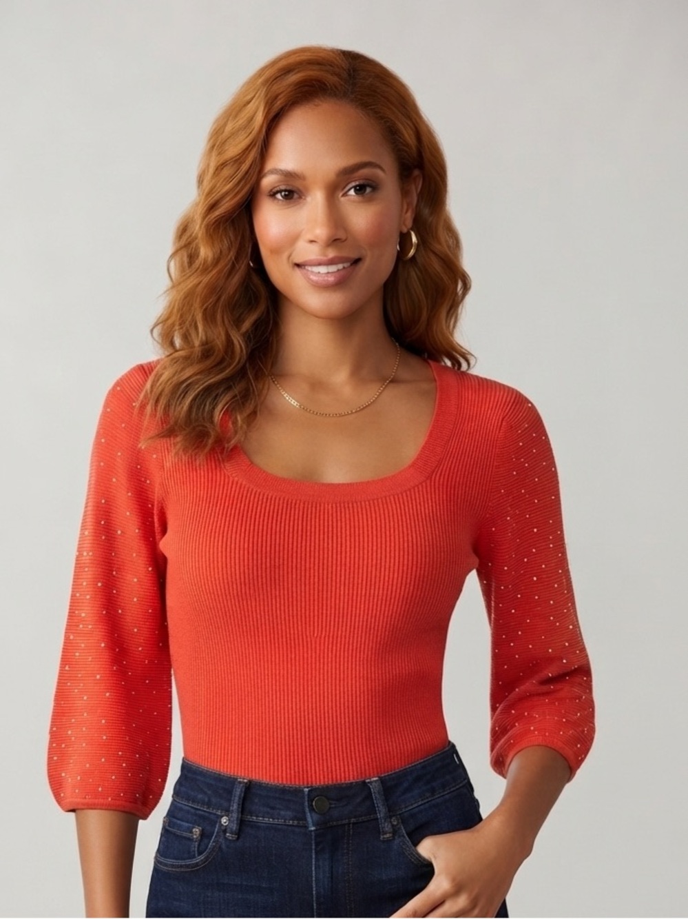 Lola B. Ribbed Rhinestone Embellished Sweater Blouse S
